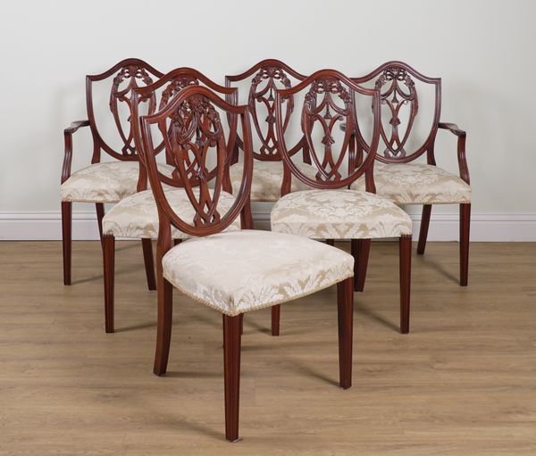 A SET OF SIX GEORGE III STYLE MAHOGANY SHIELDBACK DINING CHAIRS (6)