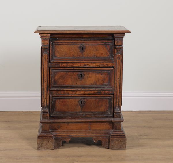 AN 18TH CENTURY AND LATER ITALIAN WALNUT SMALL THREE DRAWER CHEST