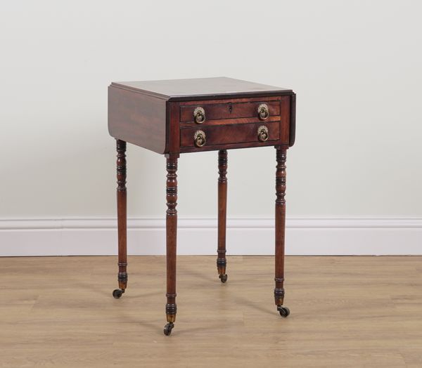 A REGENCY MAHOGANY TWO DRAWER DROP FLAP WORK TABLE