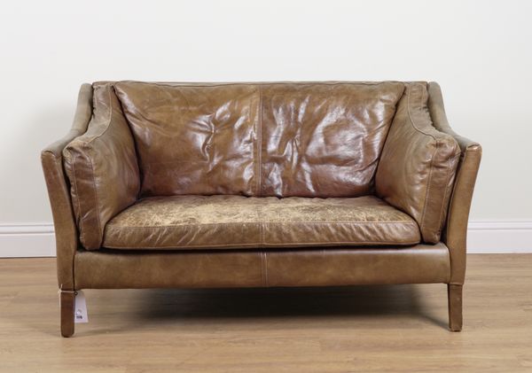 HALO; A SMALL TAN LEATHER TWO SEAT SOFA