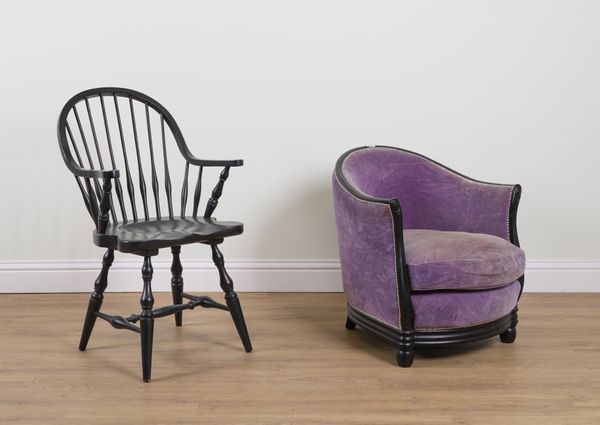 A MODERN PURPLE UPHOLSTERED TUB ARMCHAIR (2)