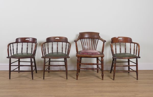 A SET OF THREE LATE 19TH CENTURY OAK TUB BACK OFFICE CHAIRS (4)