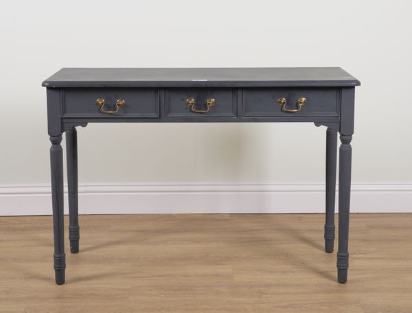 A DARK GREY PAINTED THREE DRAWER SIDE TABLE