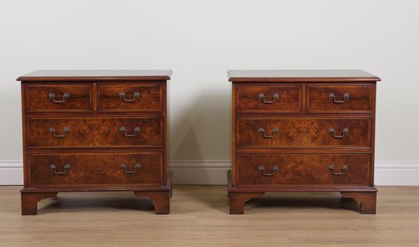 A PAIR OF INLAID FIGURED WALNUT SMALL FOUR DRAWER CHESTS (2)