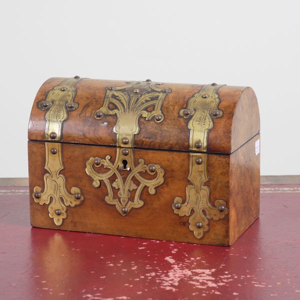 A VICTORIAN BRASS MOUNTED WALNUT DOME TOP DESK TIDY BOX