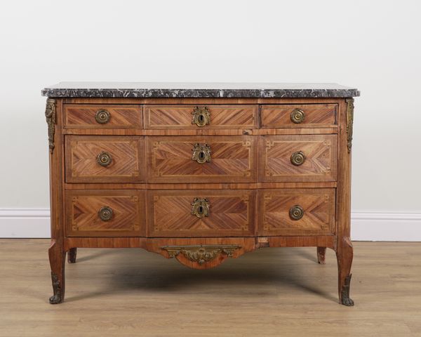 AN 19TH CENTURY FRENCH TRANSITIONAL STYLE BREAKFRONT MARBLE TOP COMMODE