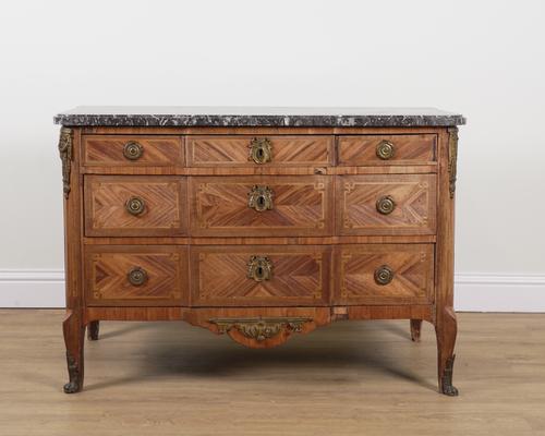 AN 19TH CENTURY FRENCH TRANSITIONAL STYLE BREAKFRONT MARBLE TOP COMMODE