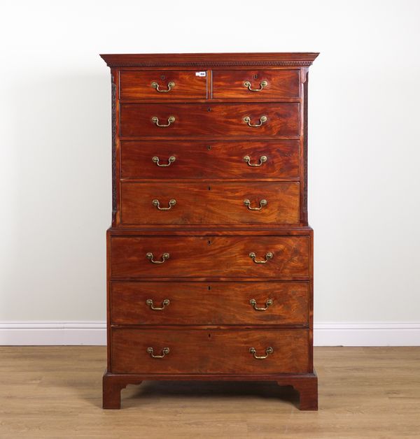 A GEORGE III MAHOGANY EIGHT DRAWER CHEST ON CHEST