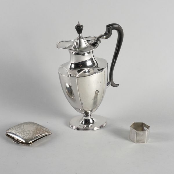 A HOT WATER JUG, A CIGARETTE CASE AND A NAPKIN RING (3)