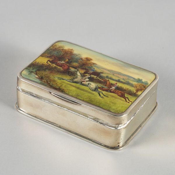 A VICTORIAN SILVER AND ENAMEL HINGE LIDDED BOX