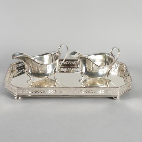 A PAIR OF SILVER SAUCE BOATS AND A PLATED TRAY (3)