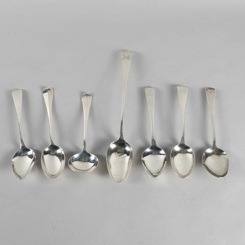 A SILVER OLD ENGLISH PATTERN BASTING SPOON AND SIX FURTHER ITEMS (7)
