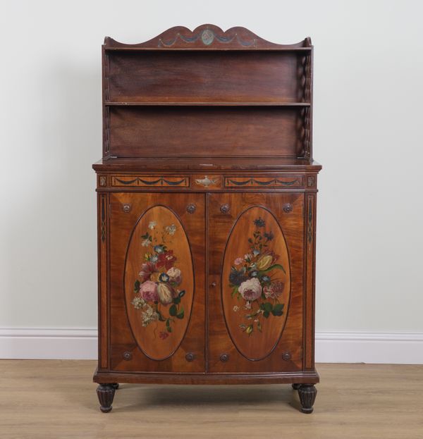 A NEO-CLASSICAL REVIVAL POLYCHROME PAINTED SHELF BACK BOWFRONT SIDE CABINET