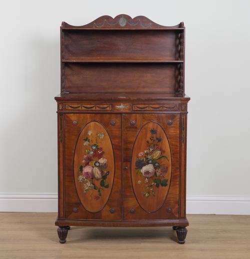 A NEO-CLASSICAL REVIVAL POLYCHROME PAINTED SHELF BACK BOWFRONT SIDE CABINET