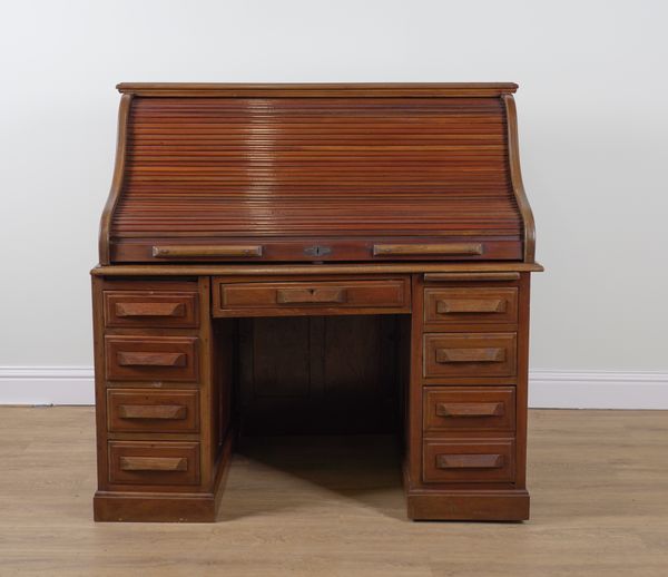 A 20TH CENTURY TAMBOUR FRONTED ROLL TOP DESK