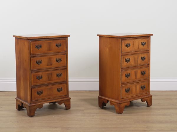 A PAIR OF YEW WOOD FOUR DRAWER BED SIDE CHESTS (2)