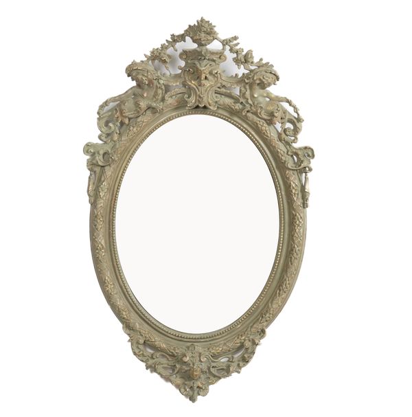 AN 18TH CENTURY FRENCH GREEN PAINTED OVAL MIRROR