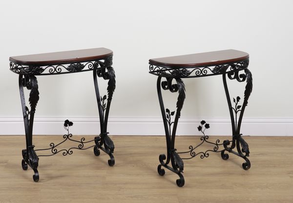 A PAIR OF MAHOGANY TOPPED D-SHAPED CONSOLE TABLES (2)