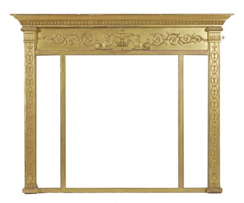 AN ADAMS STYLE GILT FRAMED TRIPLE PLATE OVERMANTEL MIRROR