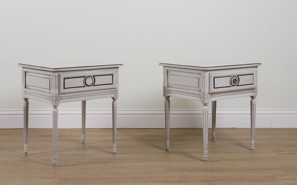 A PAIR OF LOUIS XVI STYLE GREY PAINTED SINGLE DRAWER BEDSIDE TABLES (2)