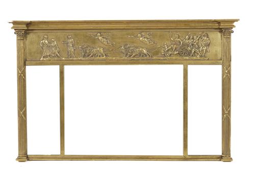 A REGENCY STYLE GILT FRAMED TRIPLE PLATE OVERMANTEL MIRROR