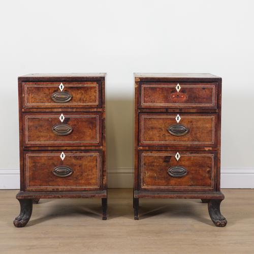 A PAIR OF 18TH CENTURY ANGLO INDIAN BONE INLAID CAMPHOR WOOD THREE DRAWER SIDE CHESTS (2)