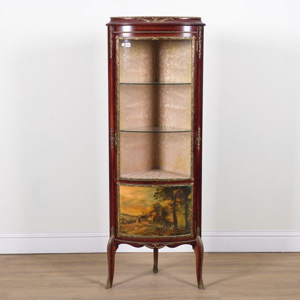 A LOUIS XVI STYLE GILT METAL MOUNTED CORNER DISPLAY CABINET