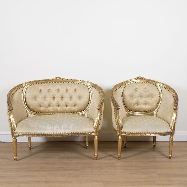 A LOUIS XVI STYLE GOLD PAINTED SMALL SOFA (2)