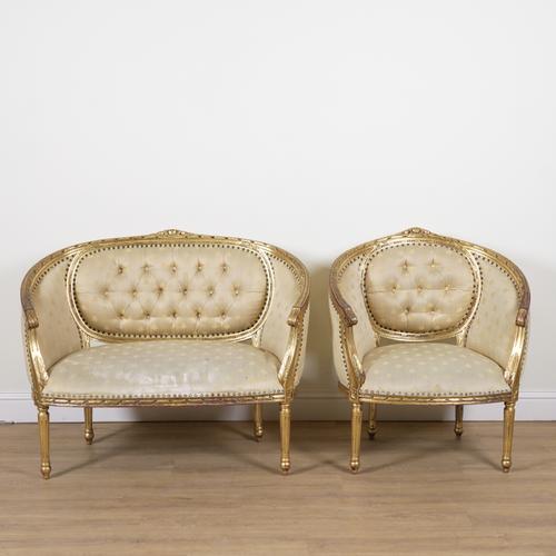 A LOUIS XVI STYLE GOLD PAINTED SMALL SOFA (2)