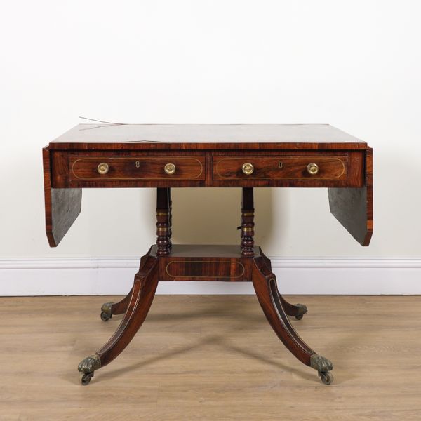 A REGENCY BRASS LINE INLAID ROSEWOOD TWO DRAWER SOFA TABLE
