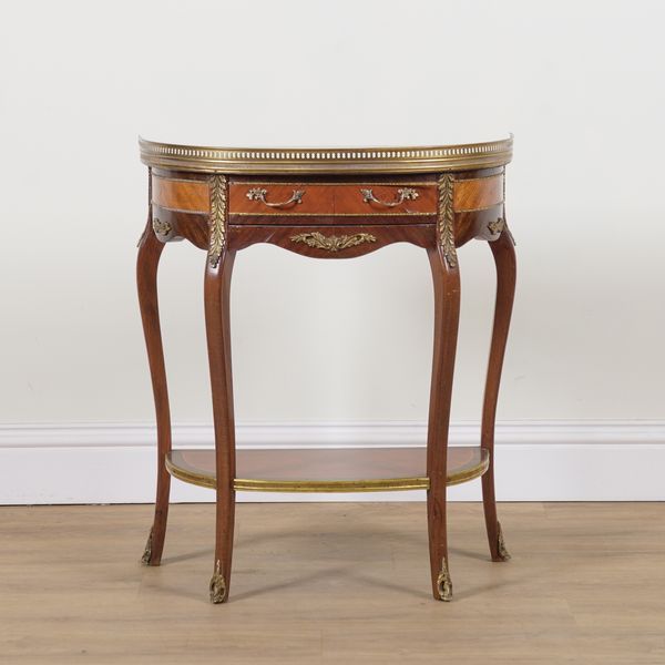 BRIGHTS OF NETTLEBED; A FRENCH TRANSITIONAL STYLE GILT METAL MOUNTED MARBLE TOPPED SIDE TABLE