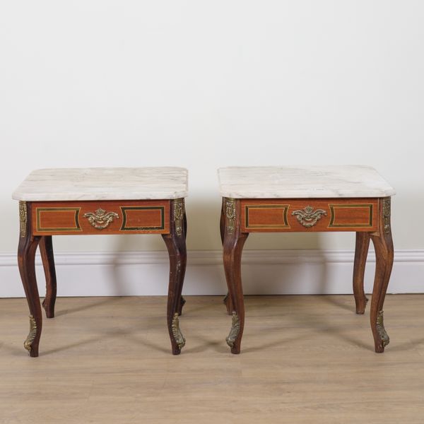 A PAIR OF LOUIS XVI STYLE MARBLE TOPPED GILT METAL MOUNTED OCCASIONAL TABLES (2)