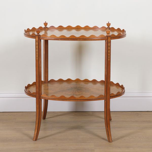 AN EDWARDIAN SATINWOOD MARQUETRY INLAID TWO TIER OVAL ETAGERE