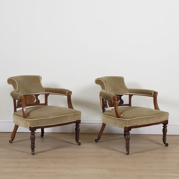 A PAIR OF EDWARDIAN ROSEWOOD INLAID LOW ARMCHAIRS (2)