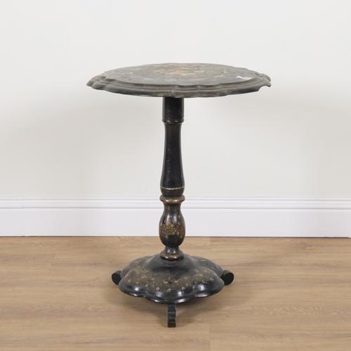 A VICTORIAN PAPIER MACHE MOTHER-OF-PEARL INLAID SNAP TOP OCCASIONAL TABLE