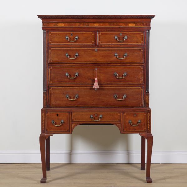 AN 18TH CENTURY SATINWOOD CHEQUER INLAID MAHOGANY CHEST ON STAND