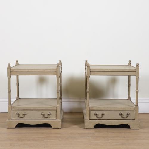 A PAIR OF GREY PAINTED TWO TIER BEDSIDE TABLES (2)