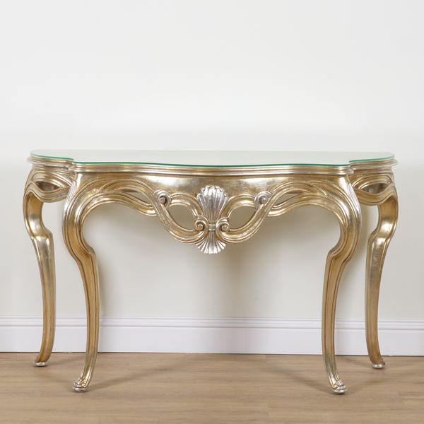 A 20TH CENTURY GOLD PAINTED SERPENTINE CONSOLE TABLE