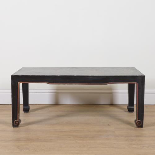 A BLACK LACQUER CHINOISERIE DECORATED RECTANGULAR COFFEE TABLE