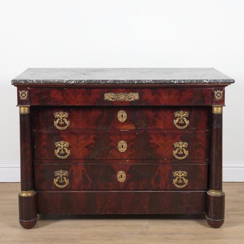 A FRENCH EMPIRE STYLE GILT METAL MOUNTED COMMODE
