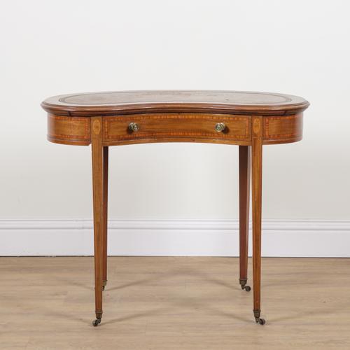 J A S SHOOLBRED AND CO; A 19TH CENTURY SATINWOOD BANDED MAHOGANY KIDNEY SHAPED WRITING TABLE