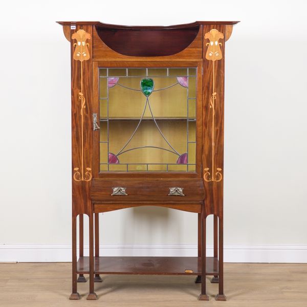 AN ART NOUVEAU MARQUETRY TULIP WOOD INLAID MAHOGANY DISPLAY CABINET