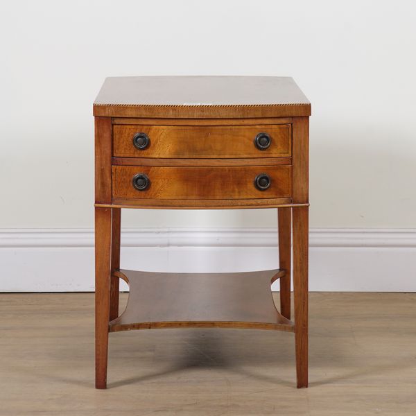 AN EDWARDIAN MAHOGANY CHEQUER STRUNG TWO DRAWER LOW SIDE TABLE