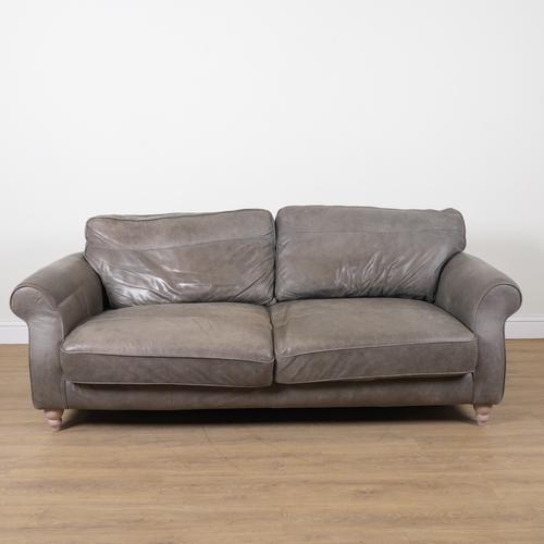 A MODERN GREY LEATHER UPHOLSTERED TWO SEAT SOFA