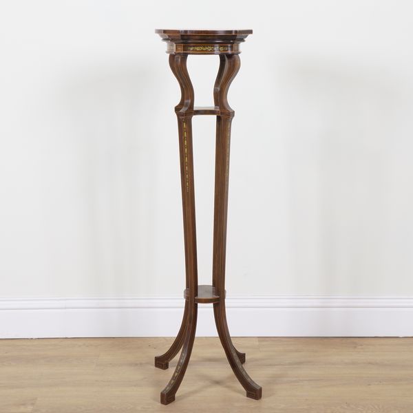 AN EDWARDIAN POLYCHROME DECORATED MAHOGANY JARDINIERE STAND