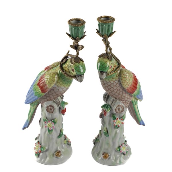 A PAIR OF MEISSEN STYLE PARROT CANDLESTICKS (2)
