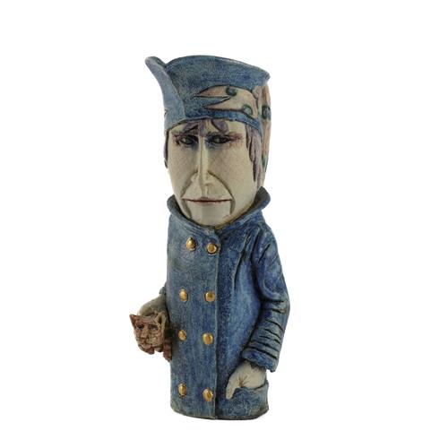 AMANDA POPHAM (BRITISH, B.1954): A STONEWARE CHARACTER JUG OF A MAN IN BLUE JACKET