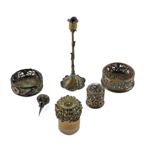 JAY STRONGWATER: A CANDLESTICK, TWO BOTTLE COASTERS, TWO CANDLES AND A STOPPER (6)