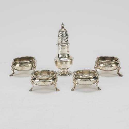 TWO PAIRS OF SILVER SALTS AND ONE SILVER CASTER (5)