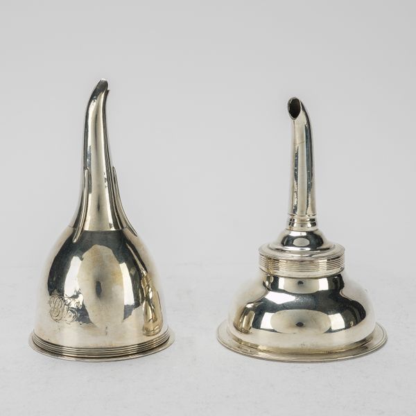 TWO SILVER WINE FUNNELS (2)